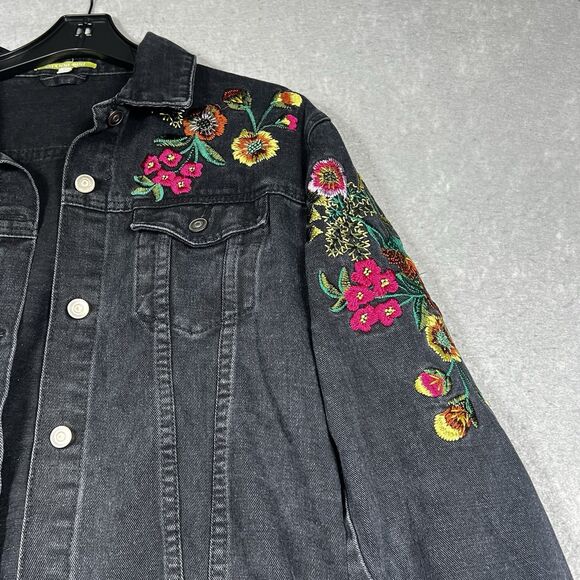 Gianni Bini Jean Jacket Womens Large Black Embroidered Flowered Colorful Bright - Picture 3 of 10